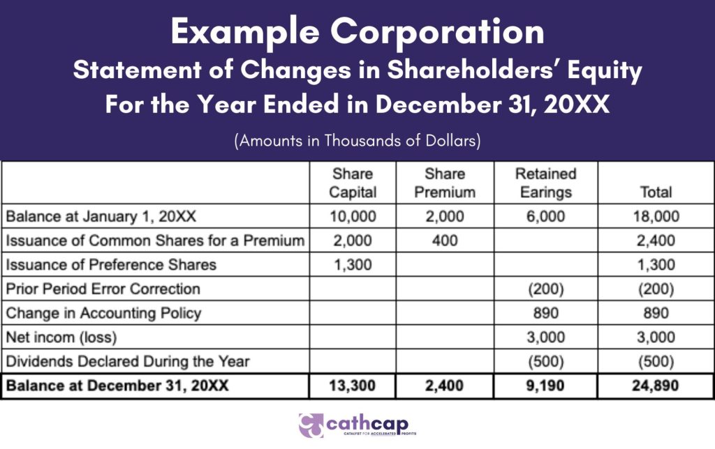 Excel sheet example of a statement of changes in shareholders' equity