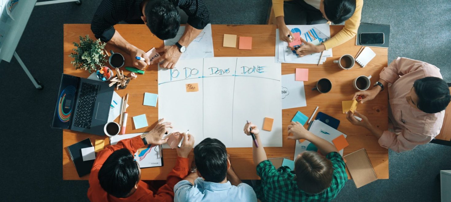 People sitting around a table planning on a white board with sticky notes