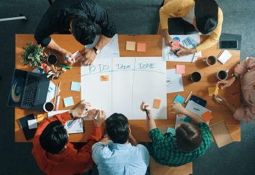 People sitting around a table planning on a white board with sticky notes