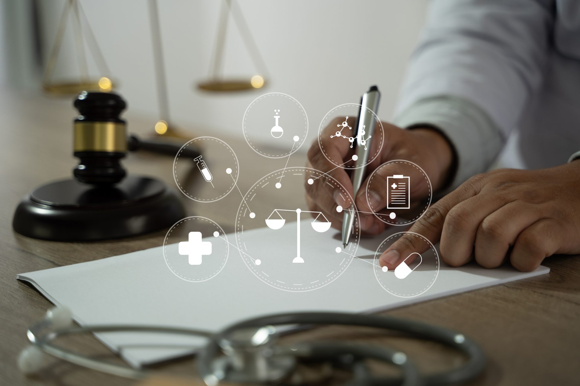 Medicine law A doctor and a lawyer discussed health care, justice, and ethics in a clinic, balancing safety, rights, and responsibility. stock photo