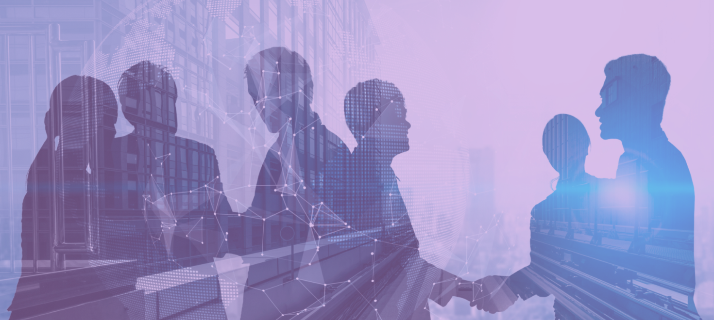 people shaking hands and collaborating with a purple overlay