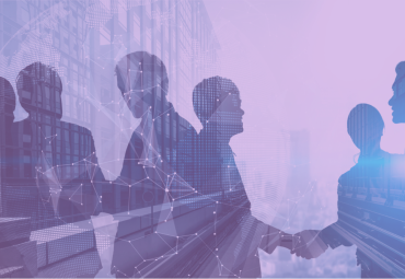 people shaking hands and collaborating with a purple overlay