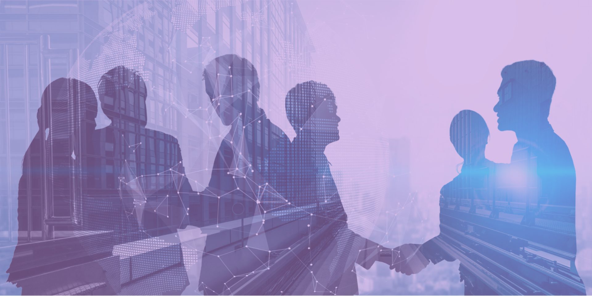 people shaking hands and collaborating with a purple overlay