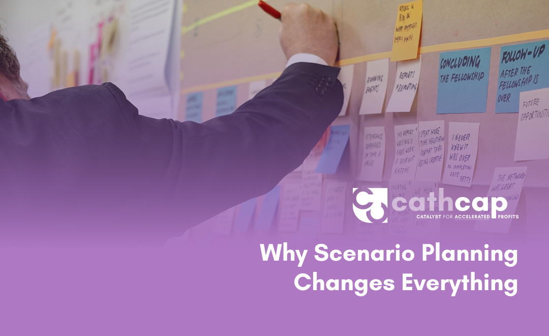 Law firm owner reviewing three financial scenarios with a fractional CFO, analyzing best case, base case, and stress case projections