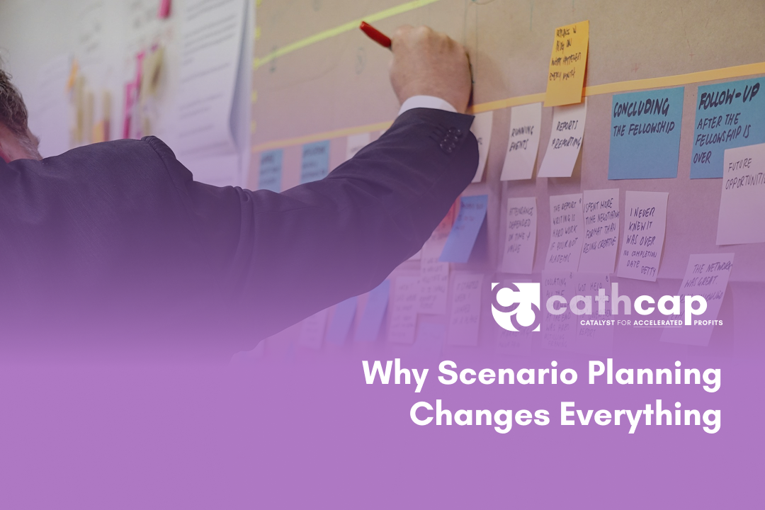 Law firm owner reviewing three financial scenarios with a fractional CFO, analyzing best case, base case, and stress case projections