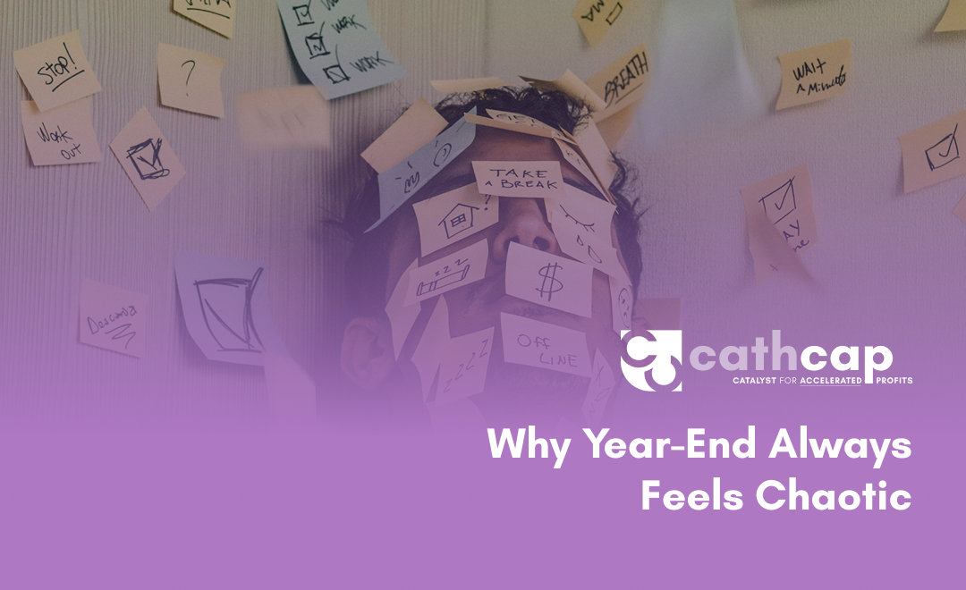 Overwhelmed law firm owner covered in sticky notes, representing the year-end financial chaos law firms face every December